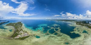 Coral reef and islands aerial panorama fine art print