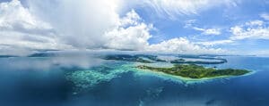 wide angle aerial panorama of tropical islands and rain