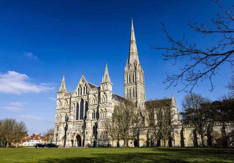 Salisbury cathedral under a blue sky perfect day for filming in salisbury