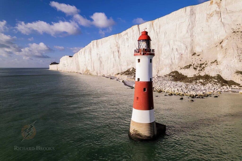 Filming Southampton Aerial shot of white cliffs and lighthouse