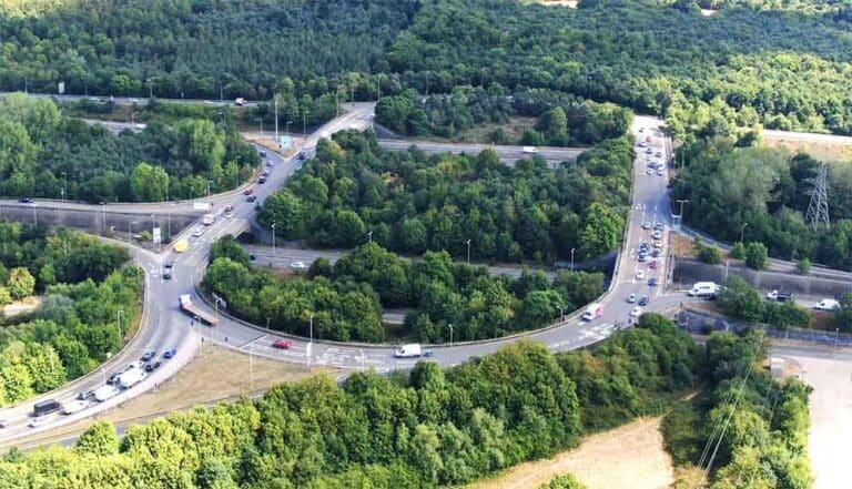 Drone traffic survey of busy motorway junction